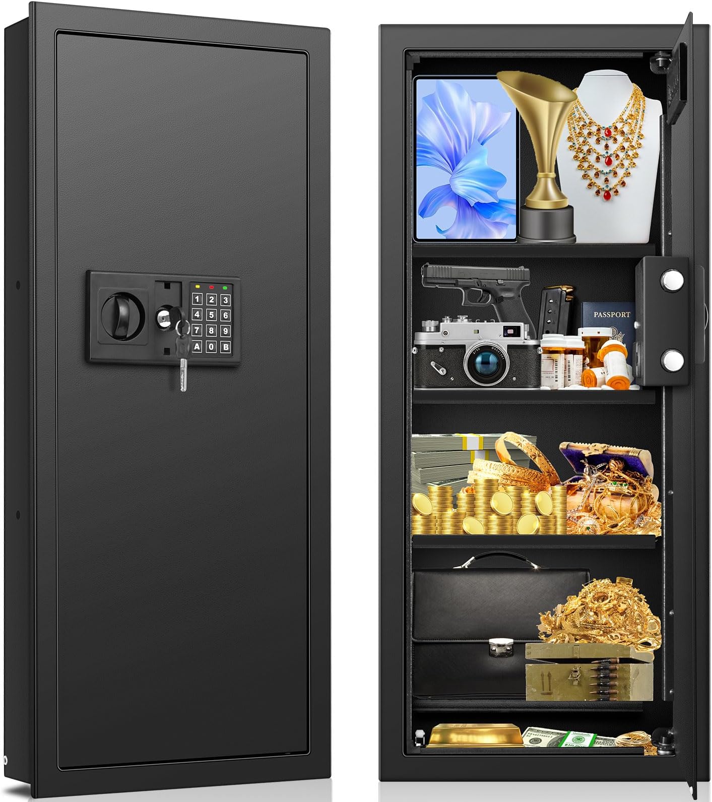 33.46" Tall Fireproof Wall Safes Between the Studs 16" Centers, Electronic Hidden Safe with Removable Shelf, Home Safe for Firearms, Money, Jewelry, Passport