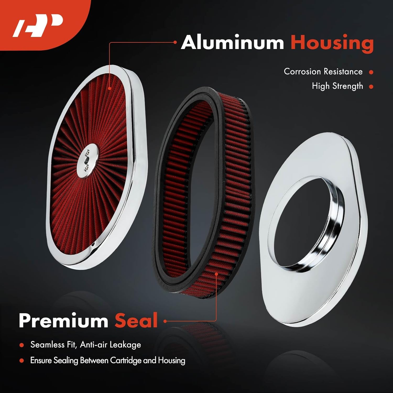 A-Premium Universal Air Cleaner Filter Assembly - 12" x 2", Oval Red Chrome Air Cleaner - Fit For 5-1/8" Carburetor Neck
