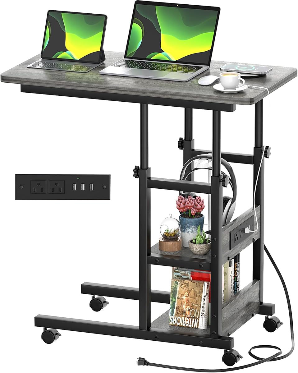 Mobile C Shaped End Table with Charging Station for Couch Bed | Height Adjust 25.2-31.8", 2 AC/3 USB, 4 Rolling Lockable Wheels, 2-tier Shelves, Slide Under Sofa, Safe Corner
