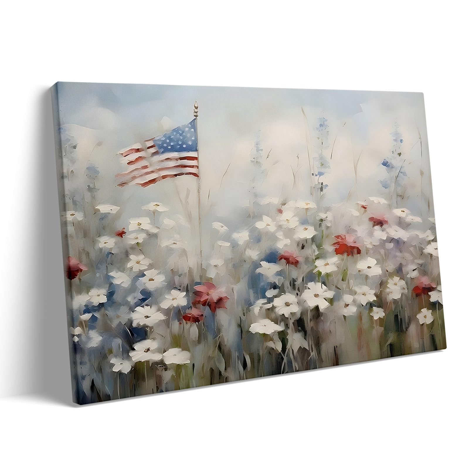 Memorial Day Wall Art, White Flower Field with American Flag Print, Soft Pastel Patriotic Landscape Poster, Rustic Framed Print Oil Painting for Farmhouse and Summer Independence Decor 20x24inch