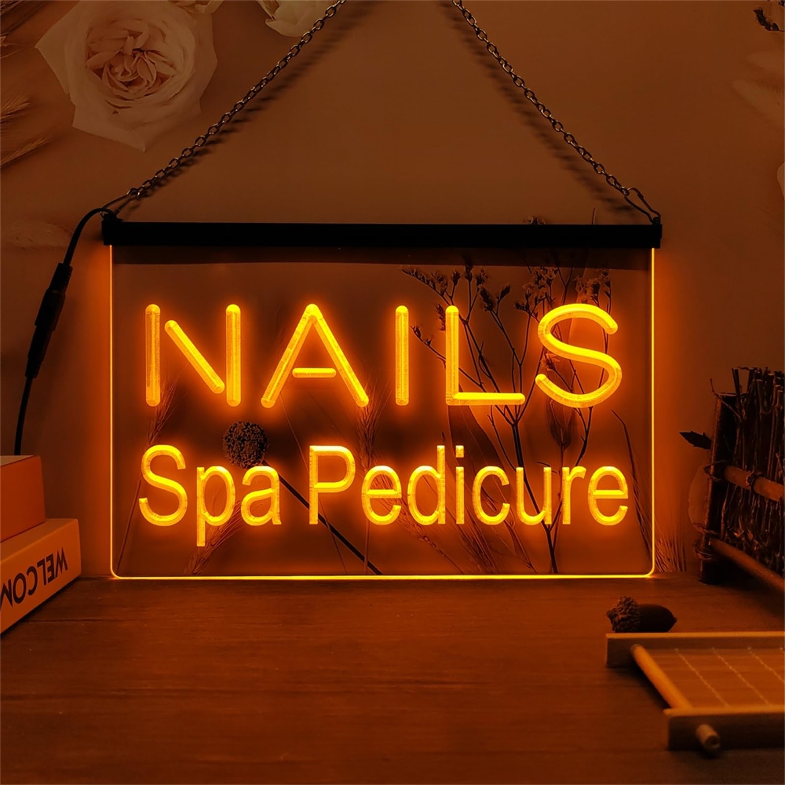 KEYQEEN Nails Spa Pedicure LED Neon Sign, Beauty Salon 3D Carving Neon Lights for Business Room Wall Decor USB Luminous Signs,Orange,60x40cm