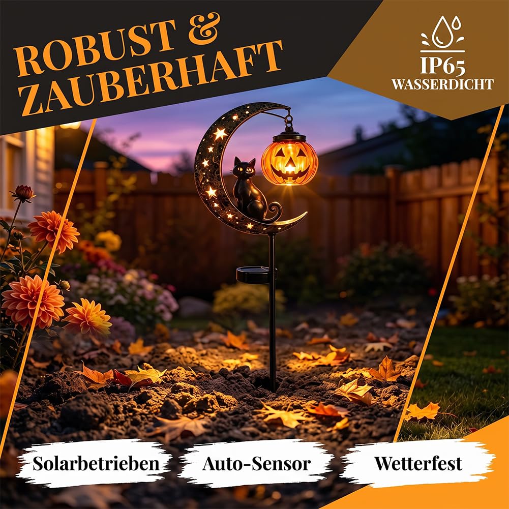 Halloween Deko Outdoor Solar Gartenstecker, Schwarze Katze Mond und Kürbis Deko, Wetterfeste Solarlampen für Außen, Halloween Deko Garten für Rasen, Gehwege und Terrassen，2Pcs-A