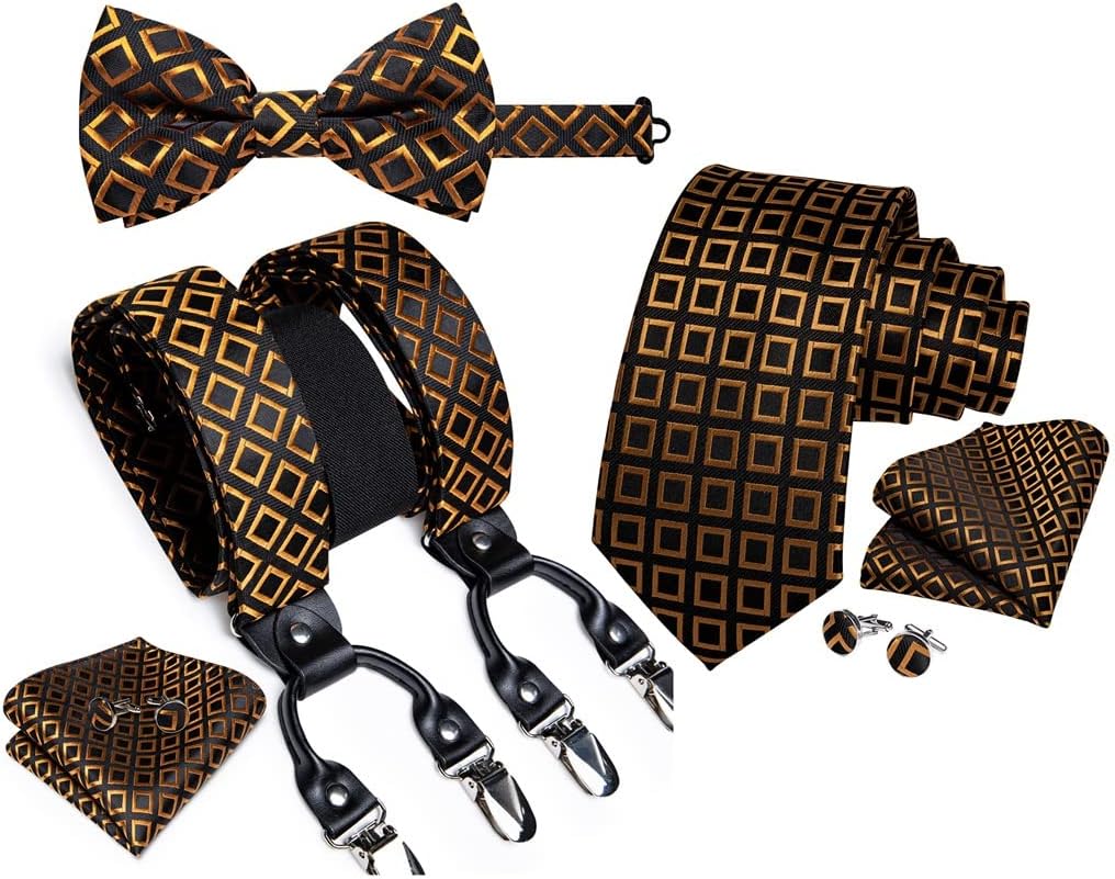 Men's Elastic Braces Suspenders Adjustable Shirt Decor Silk Necktie Bowtie Pocket Square Cuffins Set