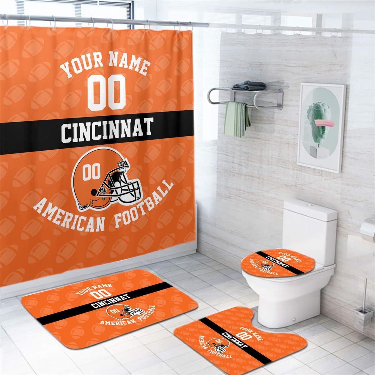 Custom Green Bay Style Football Shower Curtain 4-Set, Personalized Name and Number, Includes Floor Mat, Toilet Cover Mat, U Mat and Shower Curtain Football Fan Bathroom Decorative