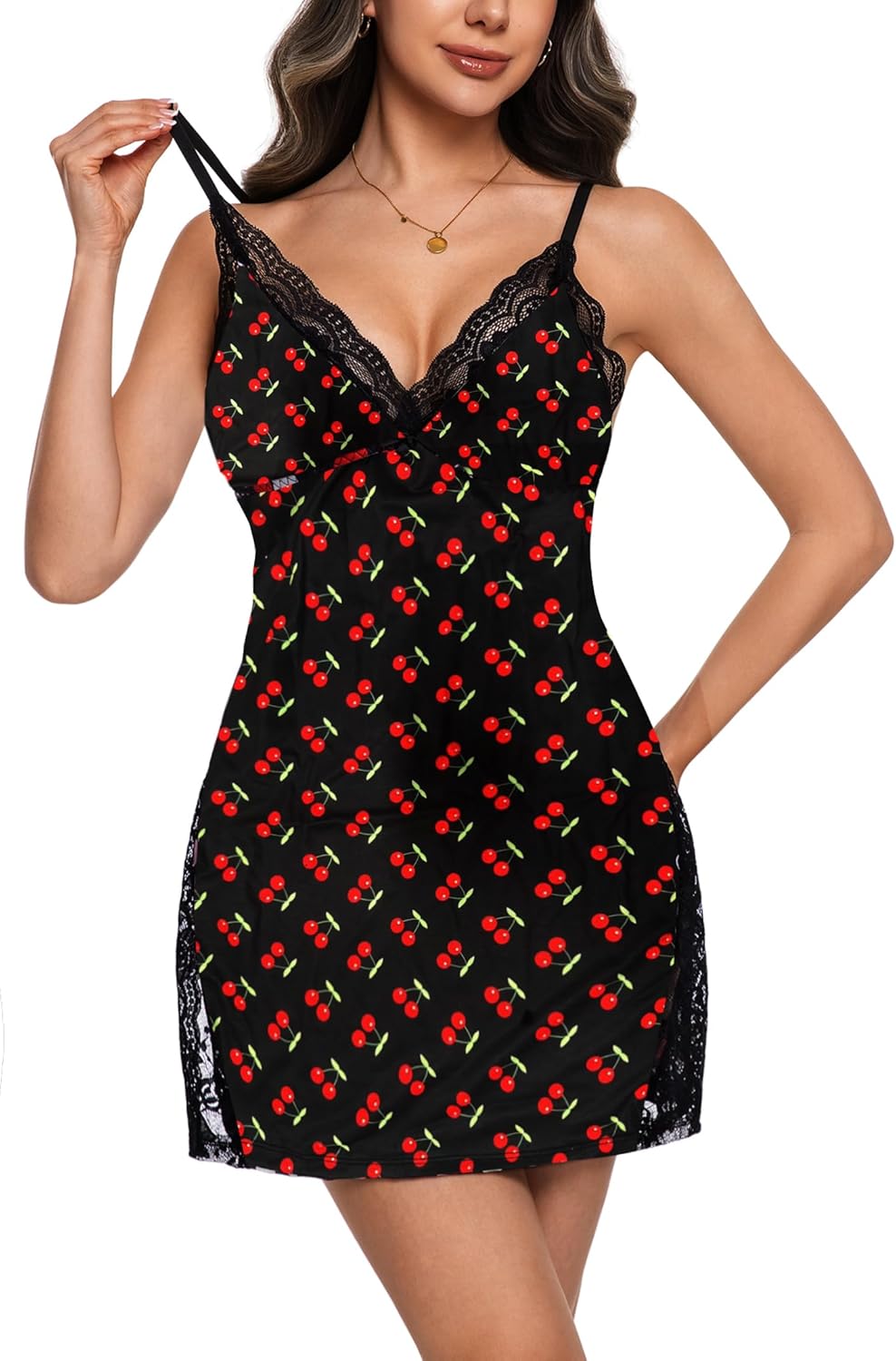 Night Gowns for Women V Neck Lace Nightgown Slip Dress Side Split Babydoll Chemise Sleepwear - Image 2