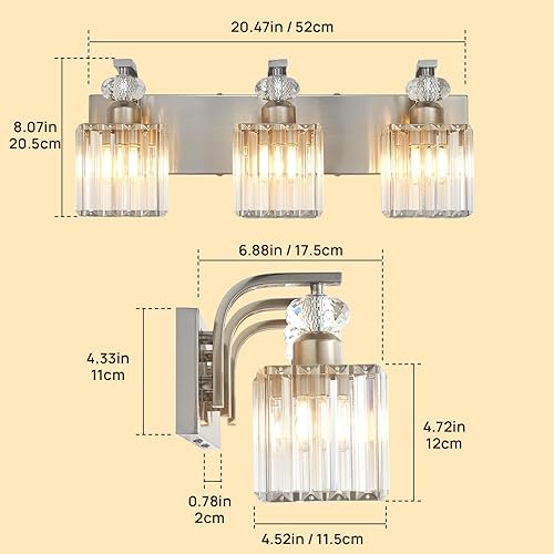 Miniatura 5 de Moderna lámpara de tocador de baño, 3 lámparas de níquel sobre espejo, lámpara de pared de cristal de 20.5 pulgadas para bañodormitoriotocador,