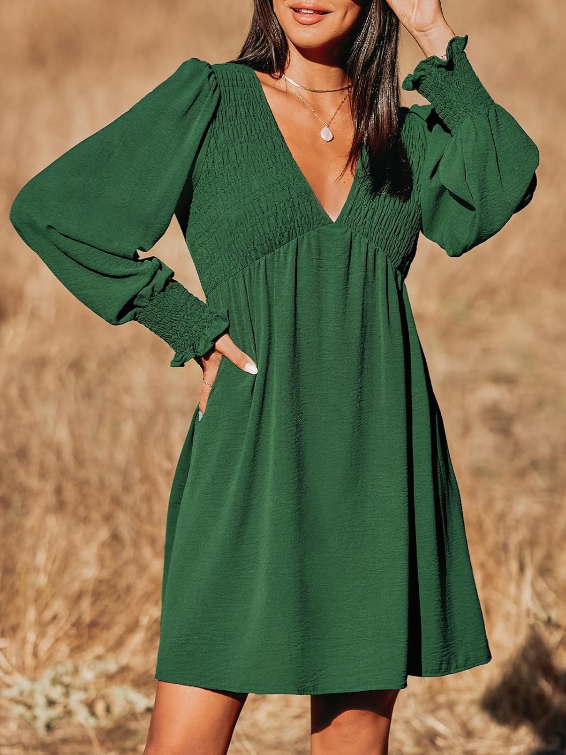 CUPSHE Women's Mini Dress Smocked V Neck Long Sleeve Empire Waist Casual A Line Dress - Image 2