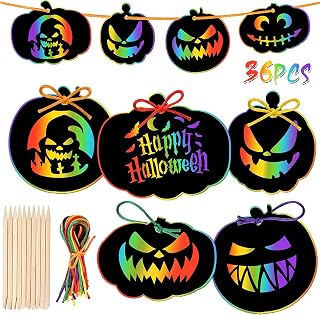 36 Pieces Halloween Scratch Paper Crafts Kit Bulk of Halloween Pumpkins Magic Rainbow Scratch Art for Kids DIY Party Ornaments Halloween Decor with 12 Wooden Sticks and 36 Colorful Ribbons