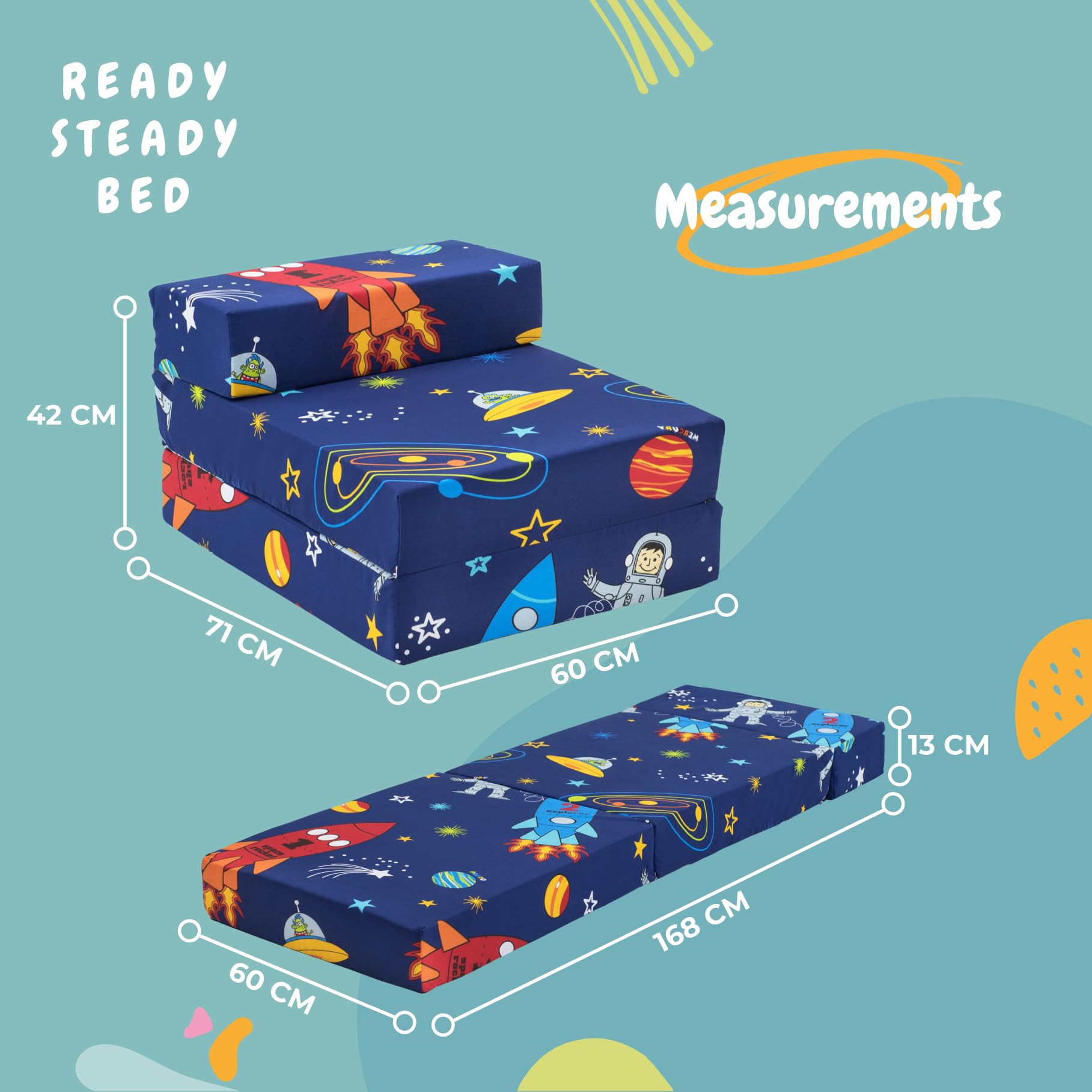 Ready Steady Bed Colchon Plegable para Niños | Silla Plegable Individual para Niños | Ideal para Sala de Estar Dormitorio Sala de Juegos | Puff Cama Plegable - Ligero y Cómodo (Space Boy)
