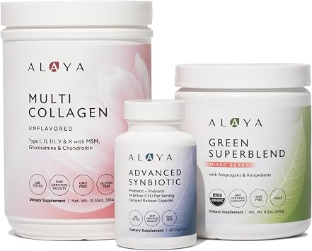 Alaya Multi Collagen Powder Unflavored + Advanced Synbiotic + Organic Green Superblend Mixed Berry for Gut, Skin & Daily Wellness - Foundation Starter Bundle