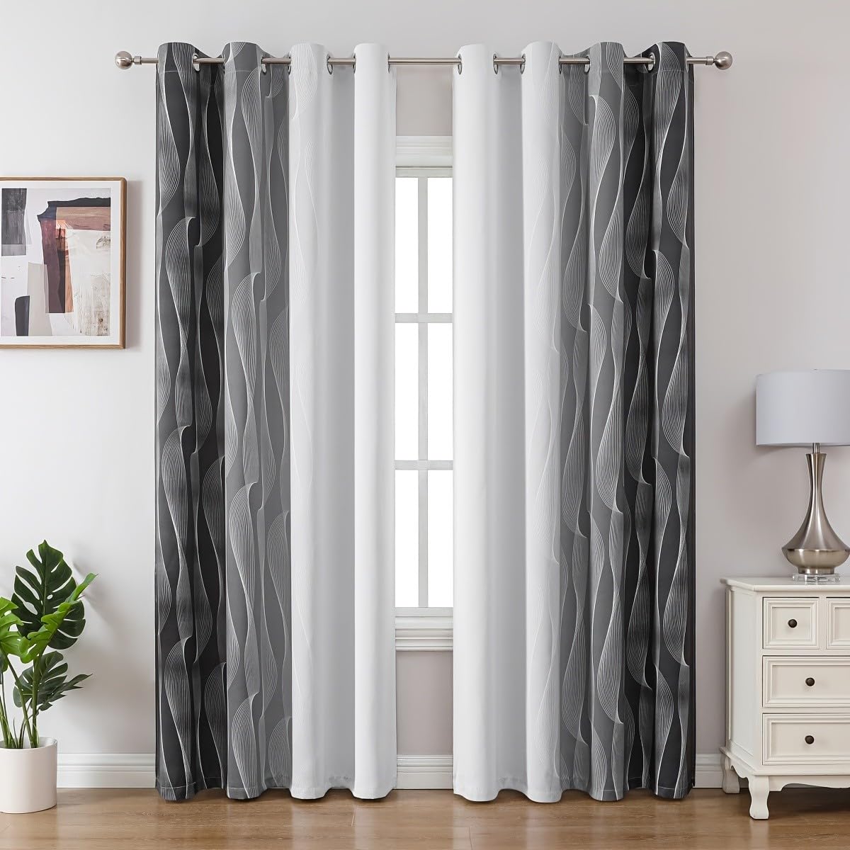 Rideau de chambre moderne et salon design lignes ondulées noir blanc 400x300