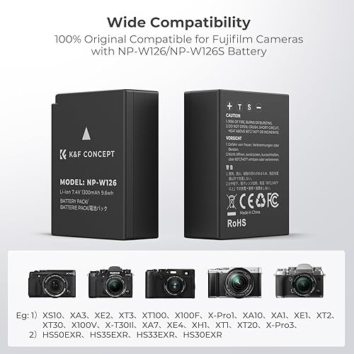 Miniatura 3 de K&F Concept Batería y cargador NP-W126 NP-W126S de 1300 mAh para Fujifilm X100VI, X100V, XS10, XT30, XT30 II, XT20, XE4, A5, cargador rápido de