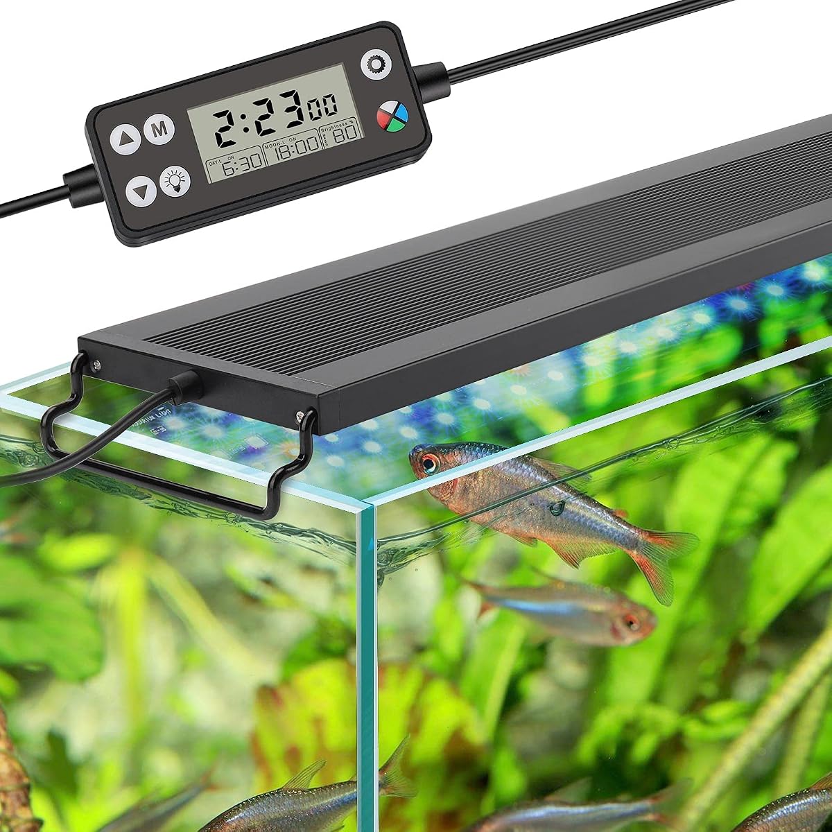 higger Encendido automático Apagado LED Luz de acuario, Luz de tanque de peces de espectro completo con monitor LCD, Ciclo de iluminación 24/7, 7 colores, temporizador ajustable, IP68 resistente al agua, 3 modos para tanque plantado de agua dulce de 12"-18"