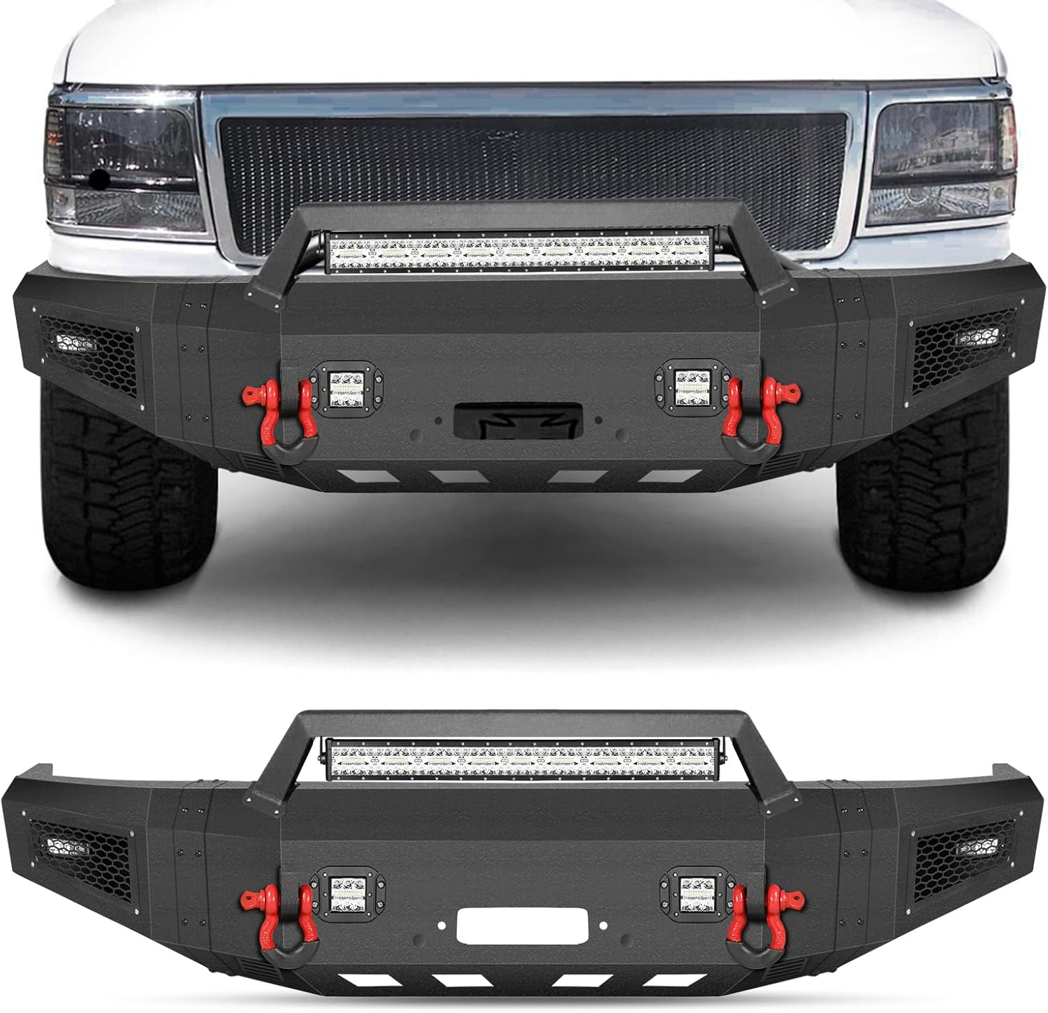 Front Bumper + Rear Bumper for 1992-1997 F150 F250 F350 Super Duty, AAIWA Steel Bumper with LED Light Bar, D-rings and Winch Plate