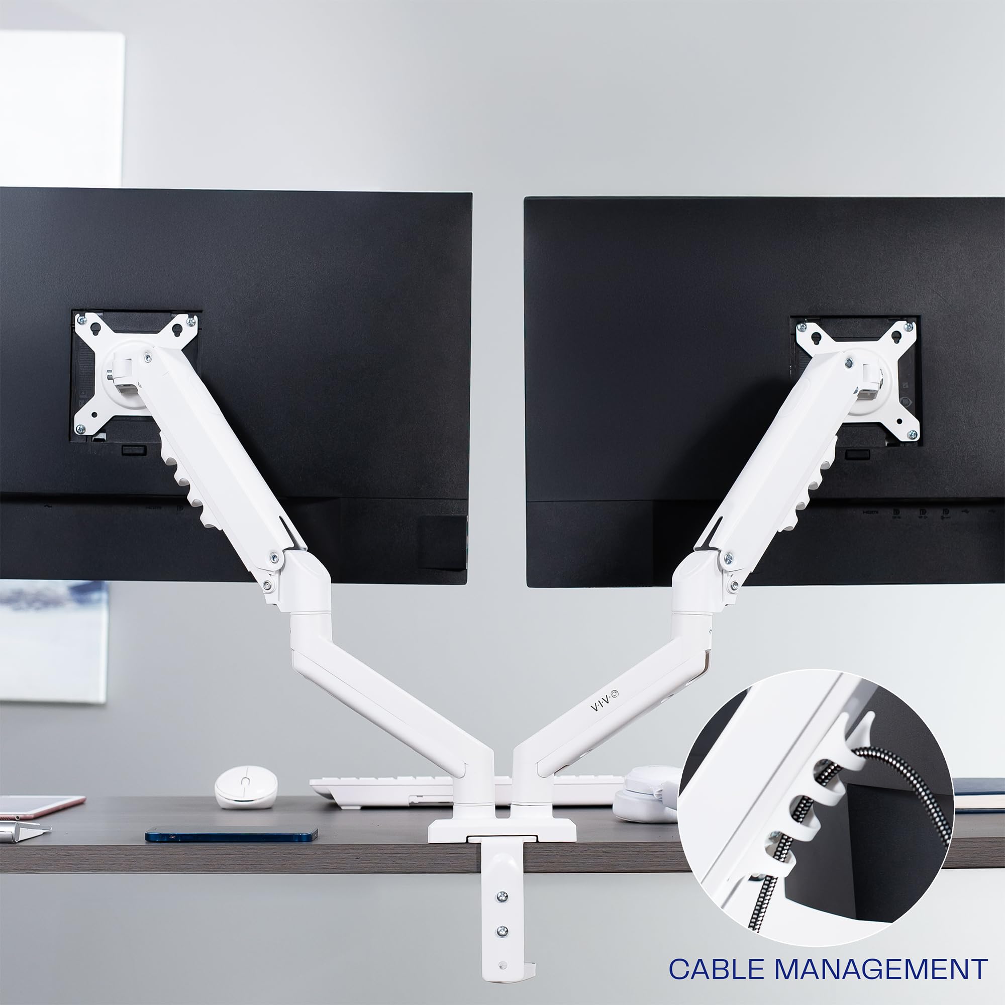 Vivo STAND-V102OW Soporte de Escritorio articulado con Brazo de Resorte neumático Doble de 17 a 27 Pulgadas, se Adapta a 2 Pantallas de Monitor con VESA máximo 100 x 100, Blanco, STAND-V102OW