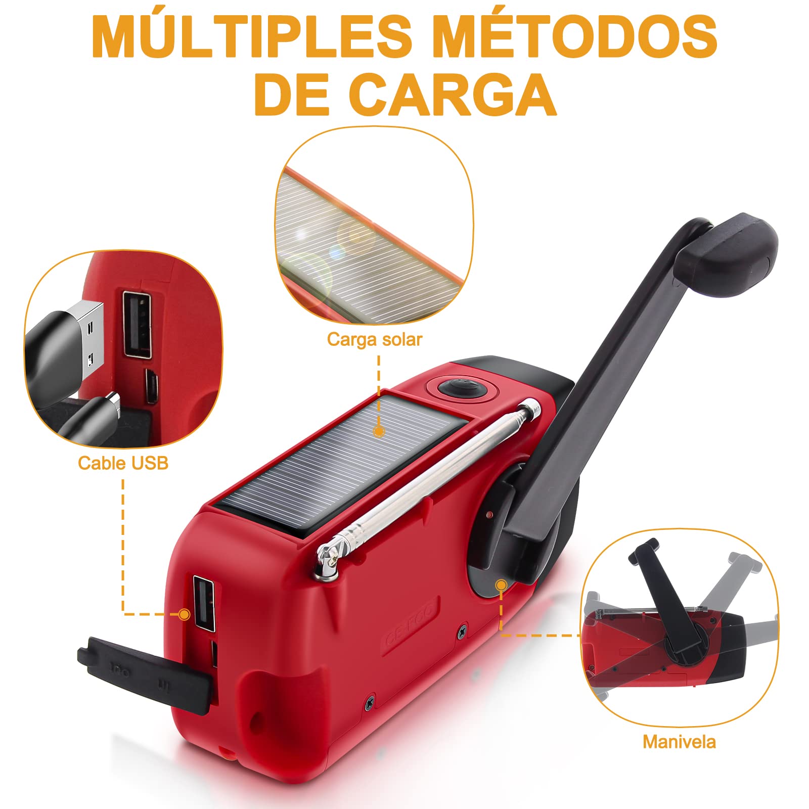 Radio Solar de Emergencia Radio FM/Am/NOAA Portátil Manivela de la Mano Radio con 2000mAh como Power Bank 3-LED Linterna Alarma SOS Radio portátil y Recargable doméstica y de Camping