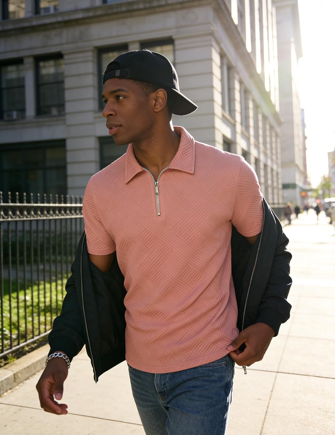 UOUA Men's Zipper Polo Shirts Short Sleeve Sweatshirts Soild Color Tops Striped Texture Casual Golf T - Image 5