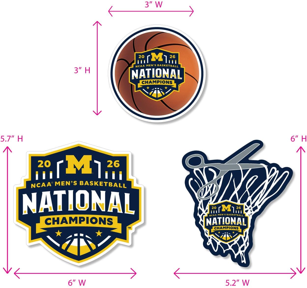 Michigan Wolverines 2026 NCAA Basketball National Champions Large Auto Magnet Set 3 Pack Durable Outdoor Magnets with Championship Graphics, Two 6 Inch and One 3 Inch