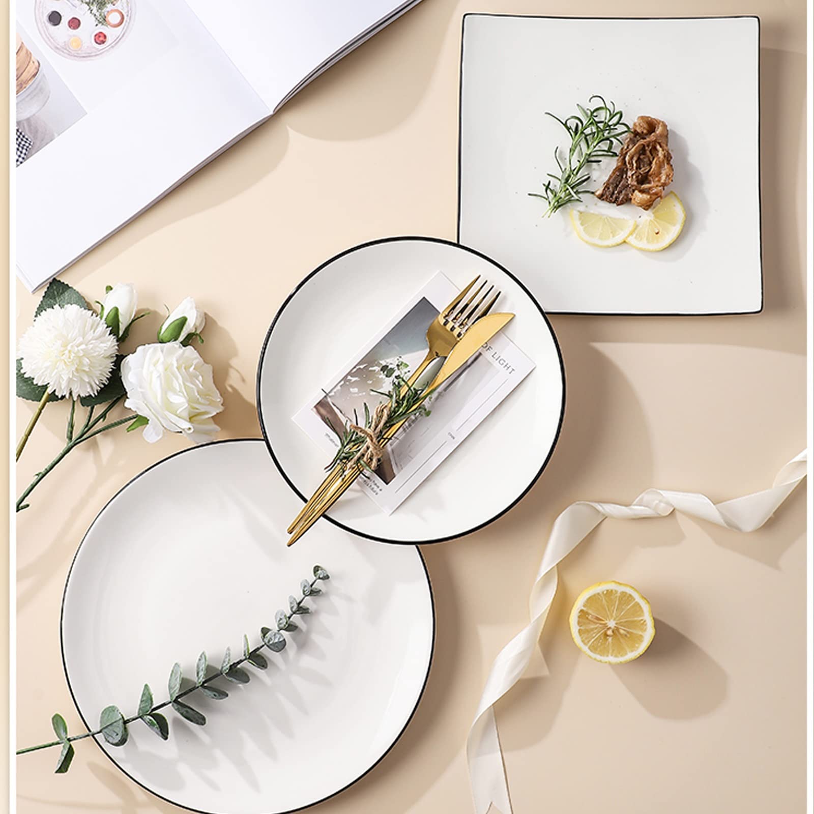Ceramiczne talerze na przystawki, 20 cm, zestaw 8 sztuk, kwadratowy talerz, do steków, makaronu, pizzy, restauracji, płytki talerz, talerz deserowy, mogą być używane w zmywarce, okrągły talerz, biały