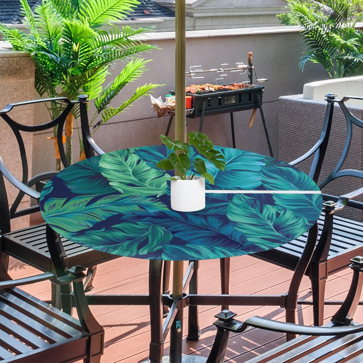 Bardic Summer Palm Tree Leaves Round Outdoor Fitted Tablecloth with Umbrella Hole Zipper, Tropical Leaf Elastic Edged Table Cloth Waterproof Wipeable Table Cover for Patio Party Picnic, 36"-44"