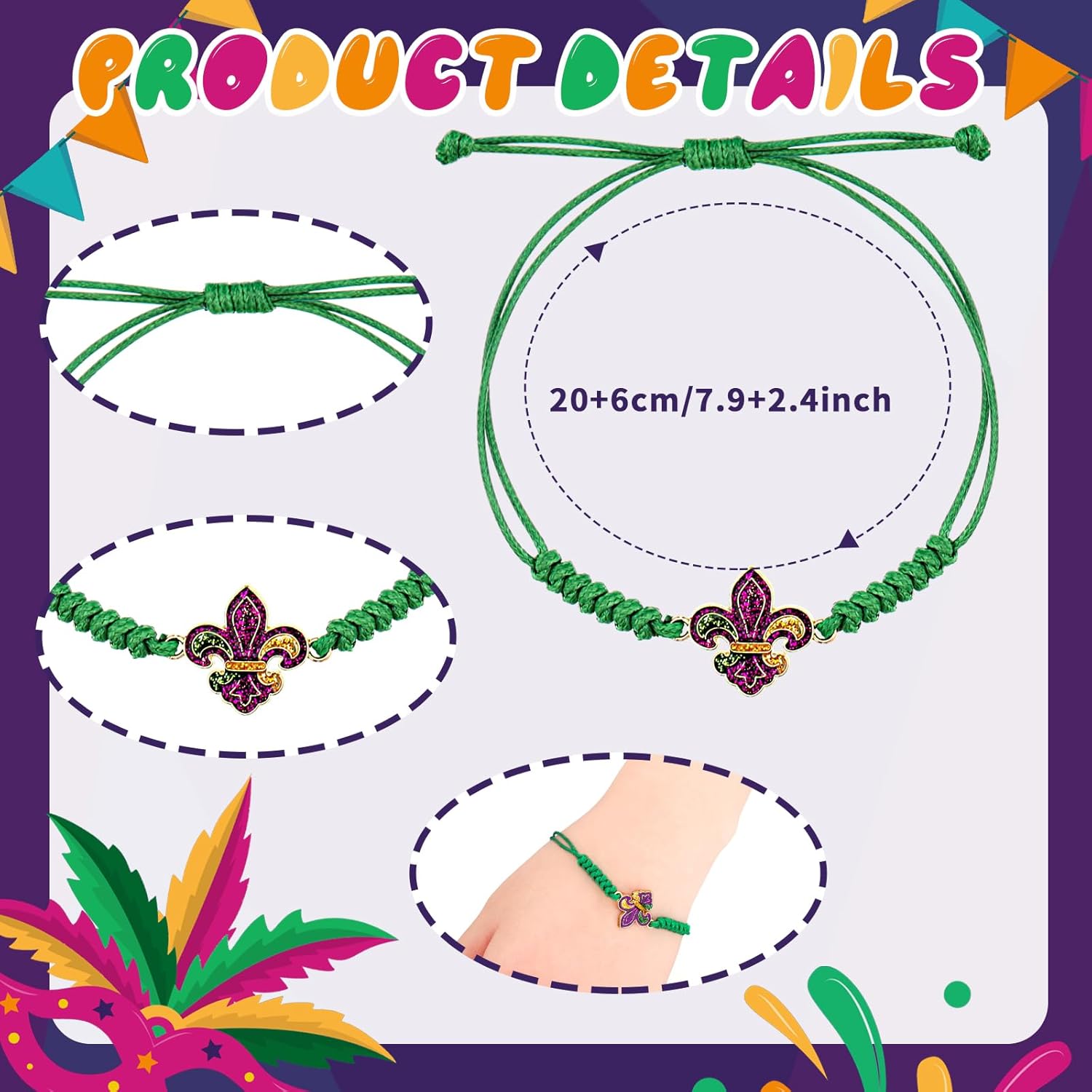 Sasylvia 24 Pcs Mardi Gras Bracelets for Women Carnival Charm Bracelets Mardi Gras Gifts Bulk Carnival Green Purple Gold Themed Party Favors Mardi Gras Parade Supplies Holiday Accessory