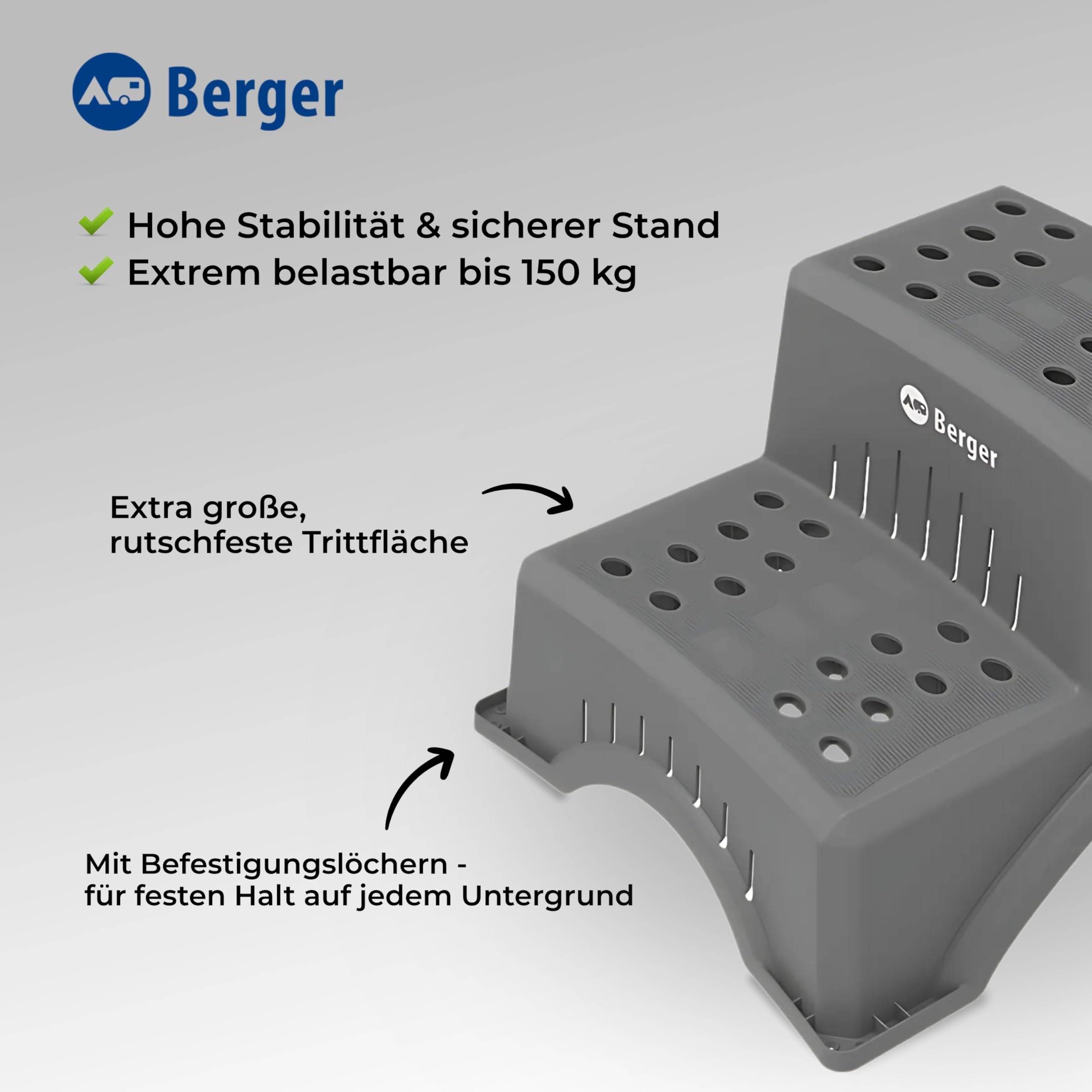 BERGER Marchepied robuste pour caravane - Stable et antidérapant - Charge maximale : 150 kg - Idéal pour camping-car et caravane - Entrée sûre