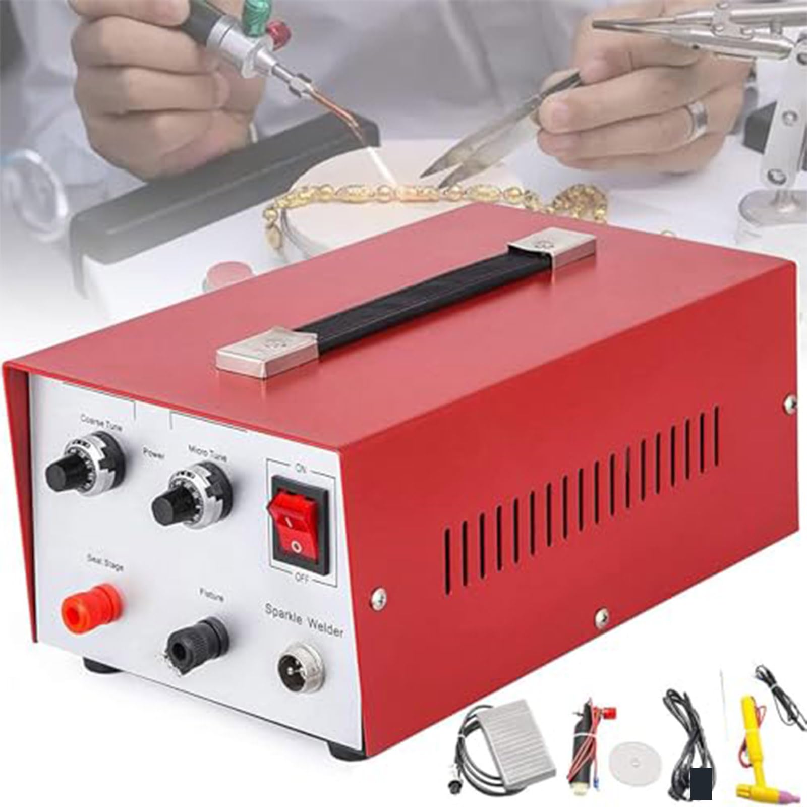 Spot Welding Machine, Portable Welder Machine 110V/220V Pulse Arc Welder for DIY Jewelry Repair Metal Aluminum Gold Silver Steel Spot Welder and Soldering, With Foot Pedal Tools,Yellow (Red)