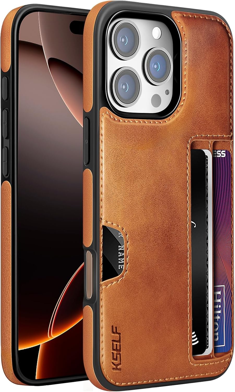 KSELF Leather Case for iPhone 16 Pro Max with Card Holder Soft Leather Wallet Case, Protective Slim Shockproof Phone Cover for Man Women (Brown)