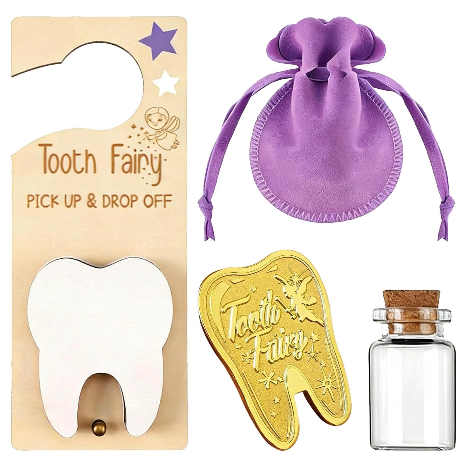 HUILATE Tooth Fairy Door Hanger, Tooth Fairy Gift Kit with Wooden Door Hanger