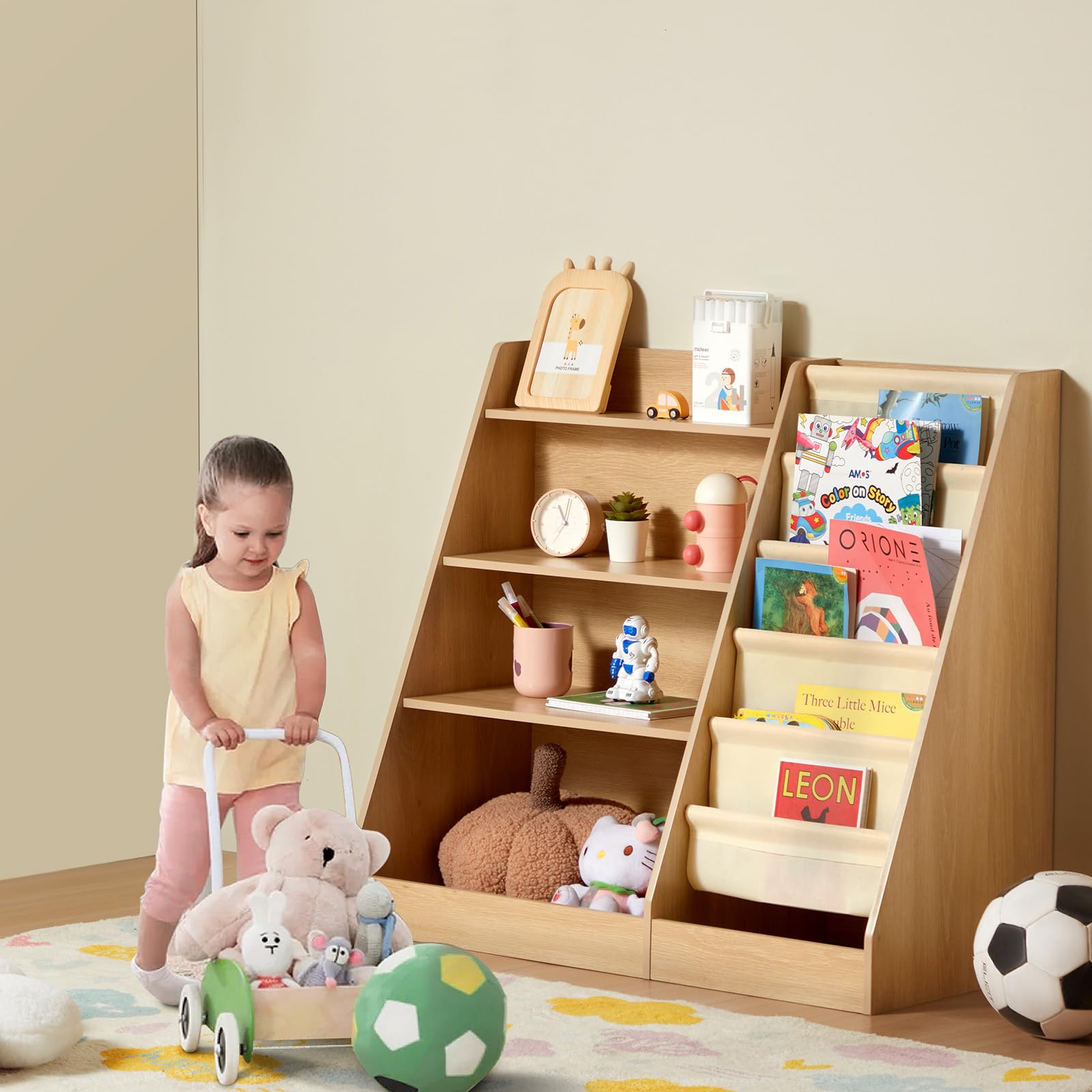 VEVOR Estantería de Madera para Niños de 4 Niveles Librería con Eslinga de Seis Capas Estantería para Libros para Almacenamiento Gabinete Organizador de Juguetes para Libros para Habitación de Niños