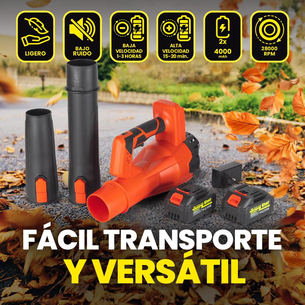 MAKTUL Soplador de Hojas Batería Potente y Ligero, Motor 6 Velocidades 28.000 RPM 241 Km/h, 2 Baterías 4000mAh 20V 450W, Sopladora de Aire Jardín Alta Potencia, Bufador Eléctrico Inalámbrico sin Cable