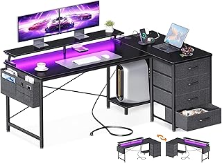 AODK パソコンデスク ゲーミングデスク 幅160 コンセント付き L字 l字タイプ desk 引き出し4杯付きLED付きブラック