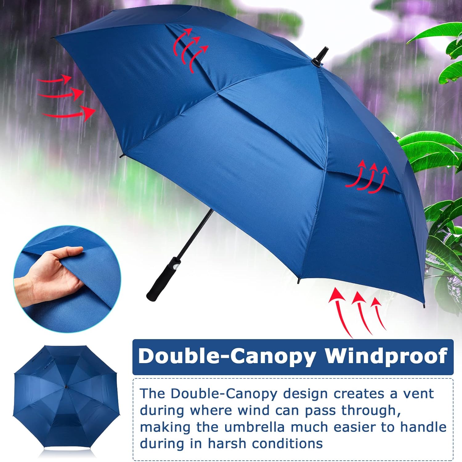 Reginary 3 Pack 62Inch Extra Large Golf Umbrella Automatic Open Oversize Travel Rain Umbrella Double Canopy Vented Windproof Waterproof Stick with Sponge Handle UV Protection for Men Women - Image 3