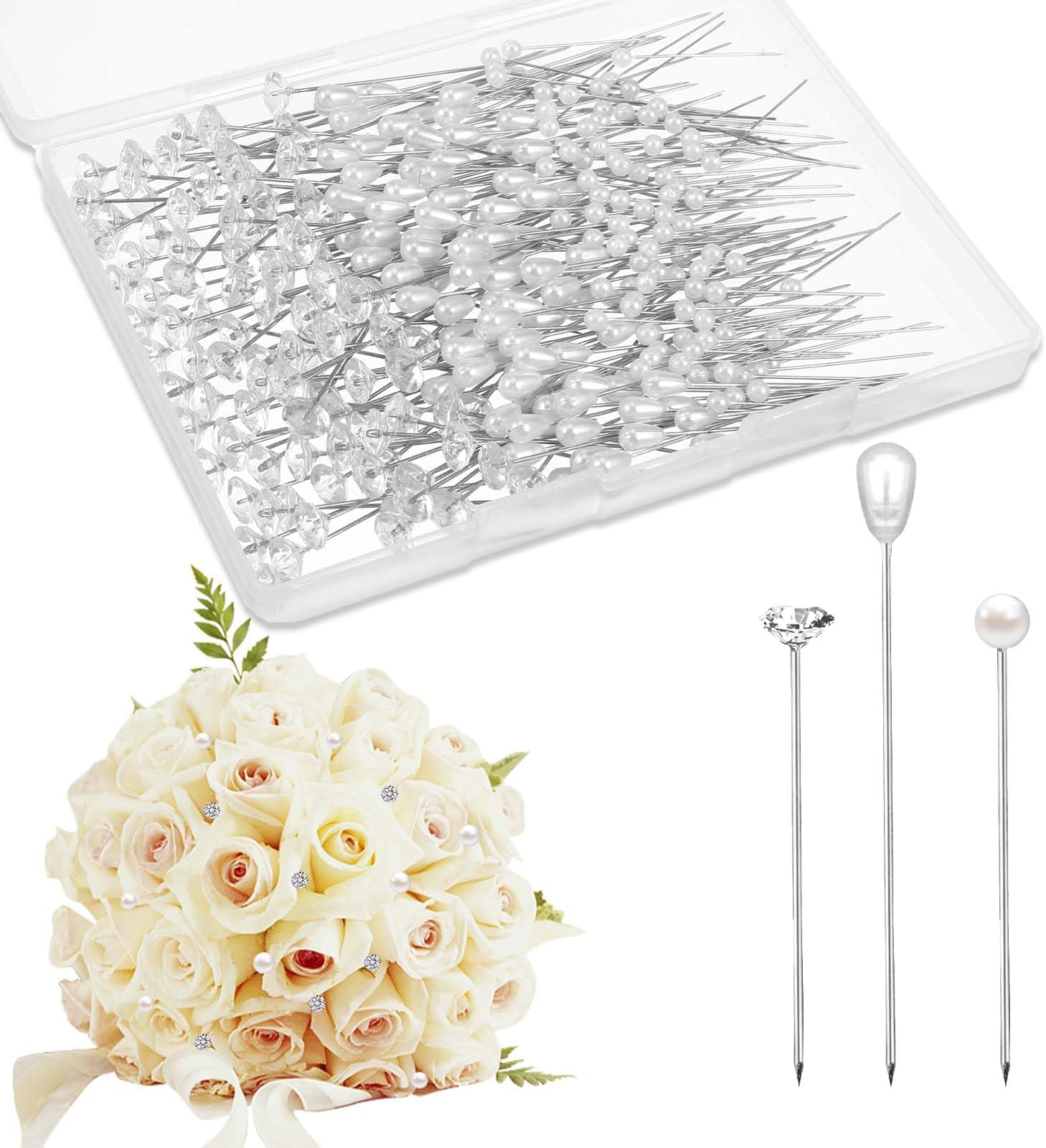 Mabor 300Pcs Straight Pins Sewing, 2.1 Inch Diamond, Round/Teardrop Pearl Head Decorative Pins, Corsage Boutonniere Pin for Wedding Flower Bouquet Jewelry Ornaments Attaching Crafts