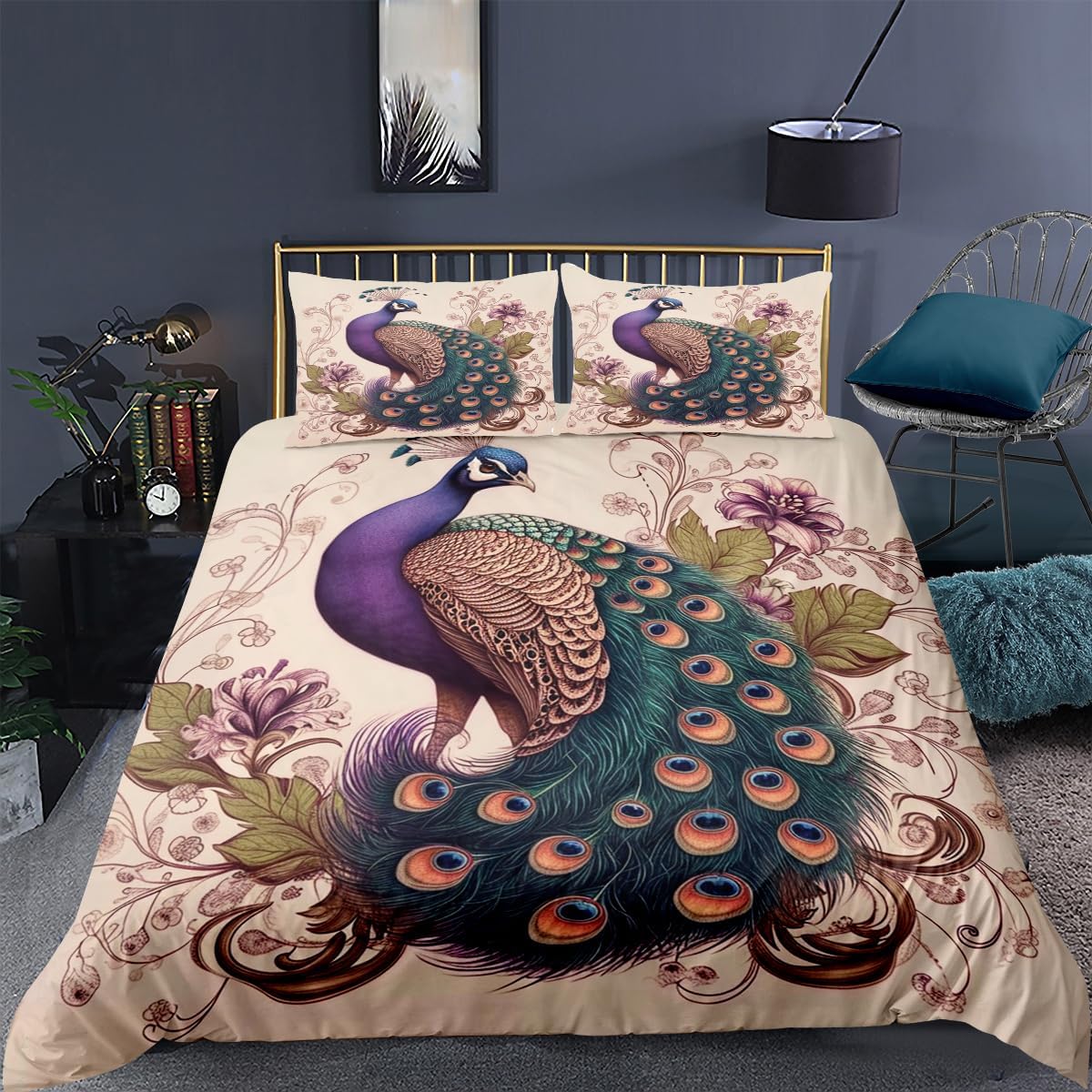 Purple Peacock Duvet Cover Queen Size, Unique Exotic Animal Bedding Set Colorful Flower Bird Duvet Covers Set Boho Chic Bedding Set, with 2 Pillowcases（Girls Women Adult）