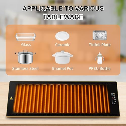 Miniatura 7 de Bandeja de calentamiento eléctrica de 39 x 14 pulgadas, bandejas de calentamiento de vidrio para fiestas de buffets con 9 niveles de temperatura y