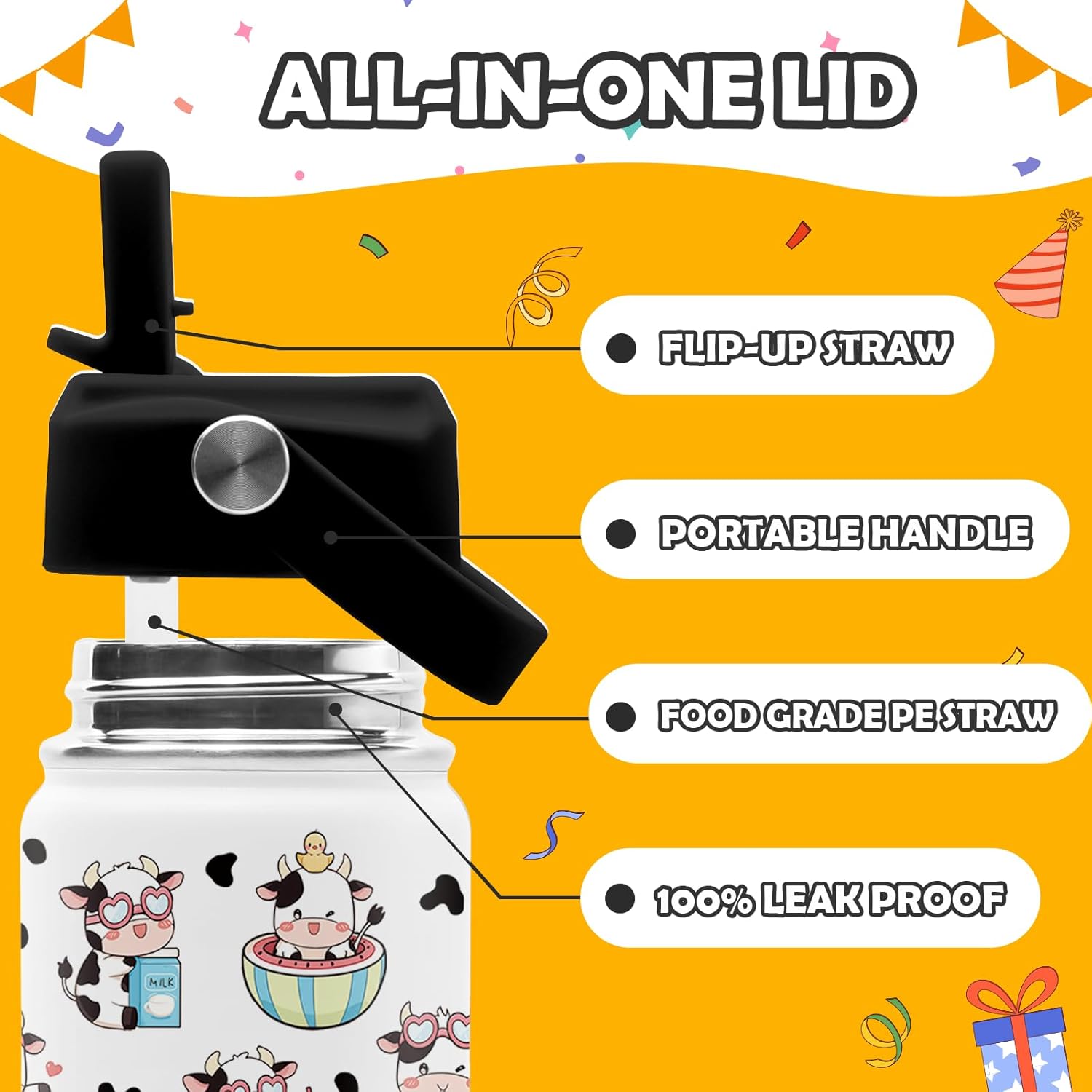 Cow Water Bottle - Cow 16oz Stainless Steel Water Bottle with Straw - Cute Cows Insulated Cup for Girls Boys - Cows Kids Tumbler for School, Sports, Travel - Image 5