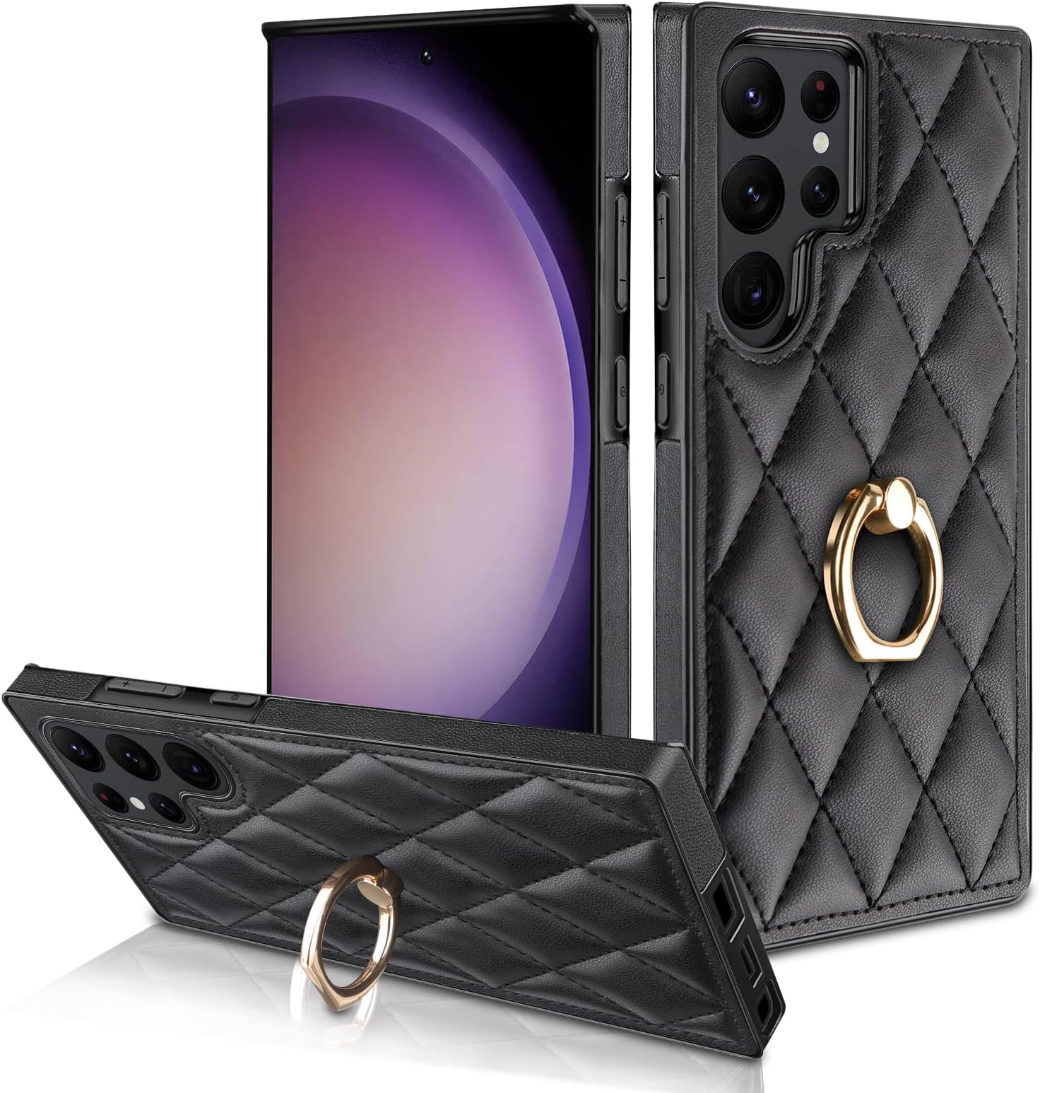 Aolcev for Samsung S23 Ultra Case with Ring Holder Soft PU Leather Case 360°Rotation Kickstand Heavy Duty TPU Bumper Shockproof Protective Case Cover for Samsung Galaxy S23 Ultra Phone Case-Black