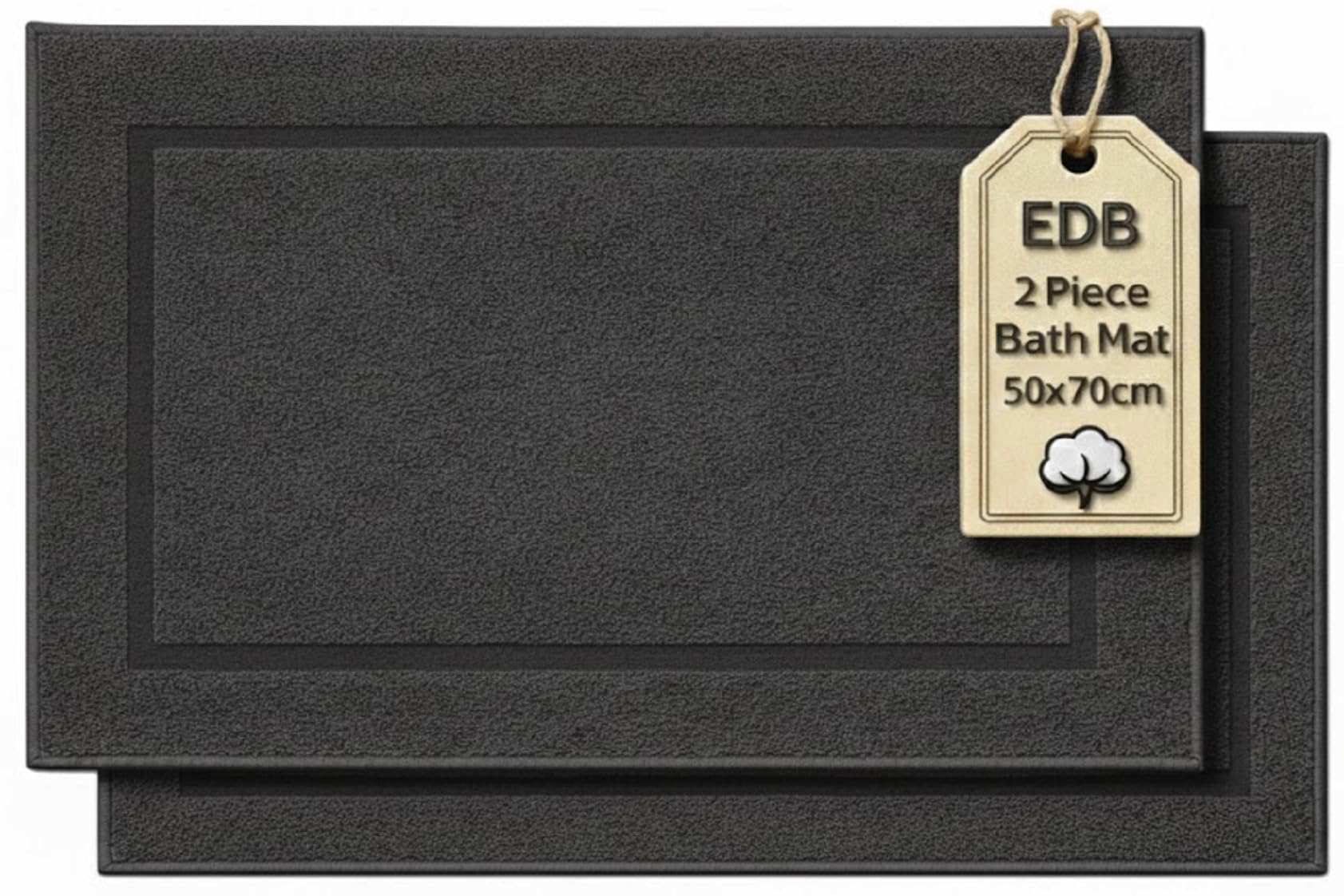EDB Pack of 2 Terry Toweling Bath Mats Set 100% Cotton Maximum Absorbency Quick Dry 50 x 70 cm Machine Washable Soft 1000-GSM (Charcoal Grey)