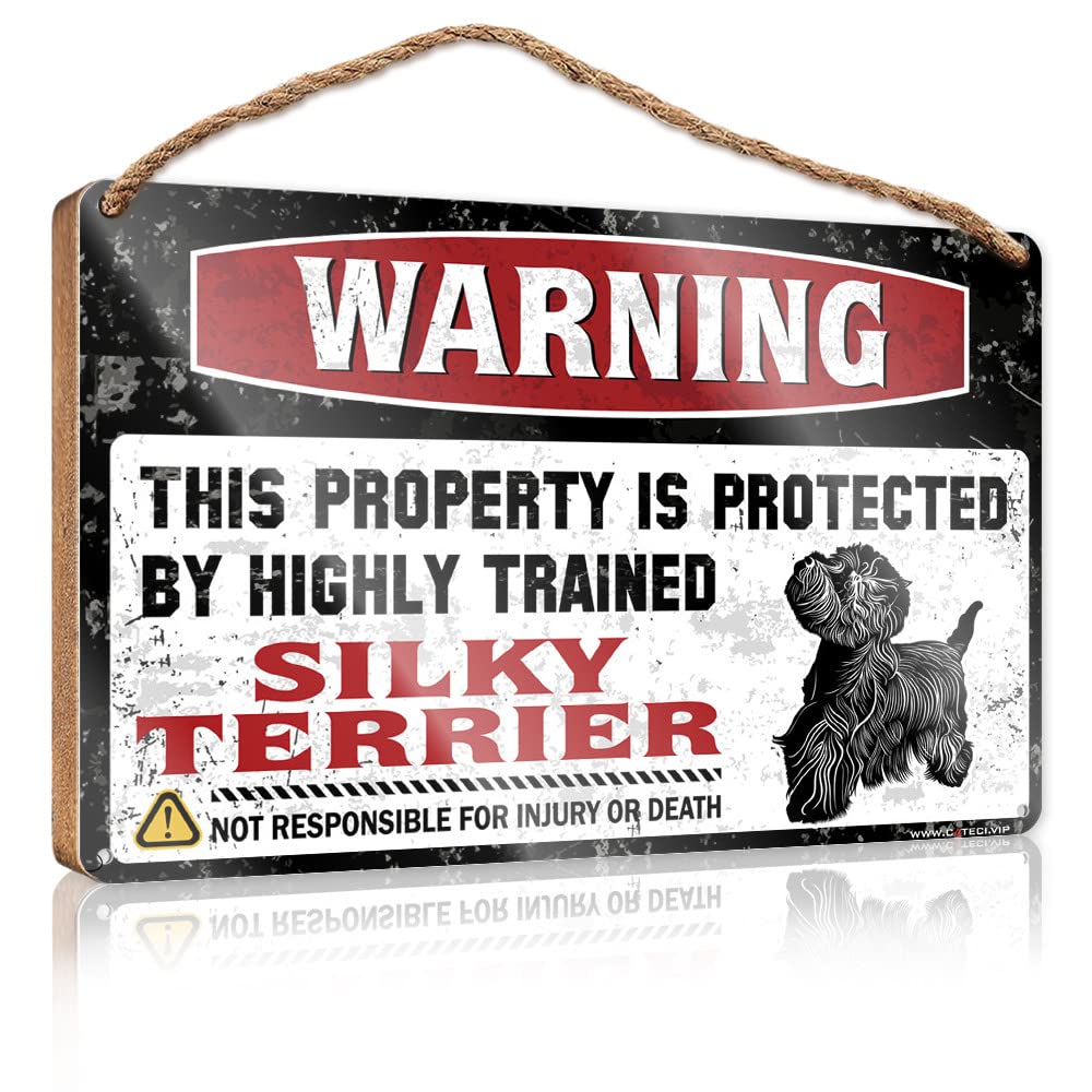 FZFN Wooden Hanging Wall Sign Warning This Property Is Protected By A Highly Trained Silky Terrier Wooden Sign Wood Decor Sign Wood Decor Sign(15X28CM)