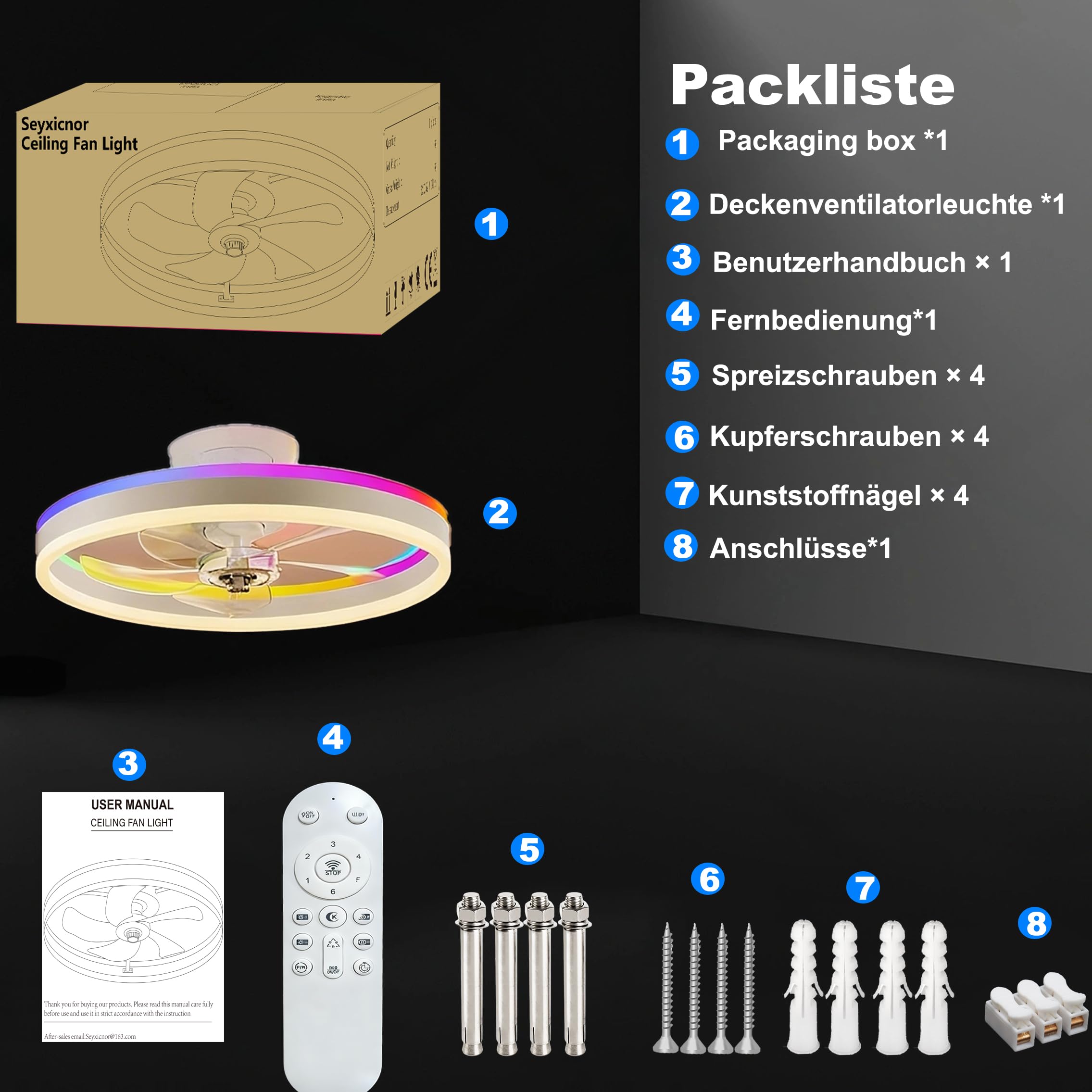 RGBCW-Deckenventilator mit Licht, 50CM Unterputz-Low-Profile-Smart-Ventilator-Licht-App und Fernbedienung, 6 Geschwindigkeiten umkehrbar, dimmbar RGB-Ambiente Deckenleuchte für Schlafzimmer Wohnzimmer