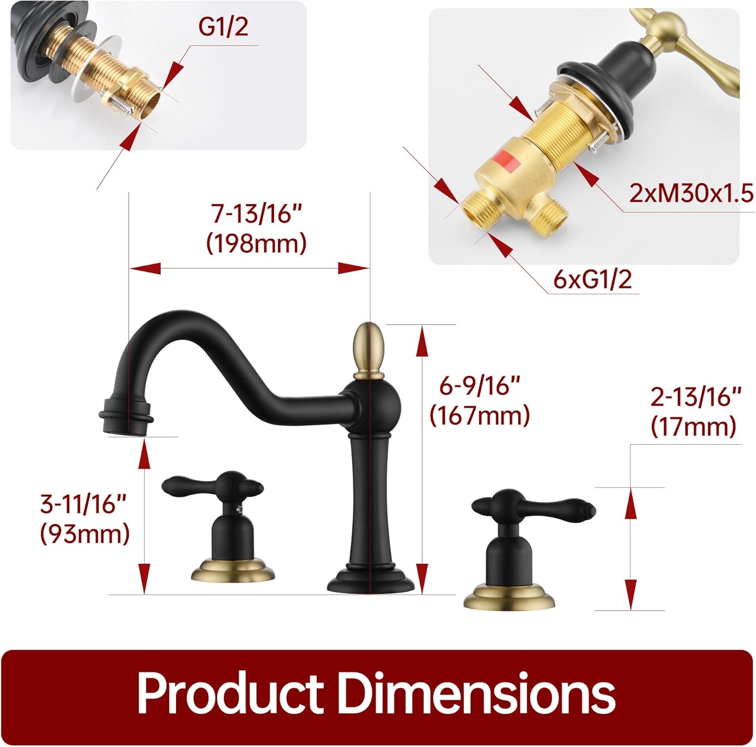 sumerain 8 inch Widespread Bathroom Faucet, 2 Handles Vintage Style Lavatory Faucet for Sink 3 Hole, Black and Gold