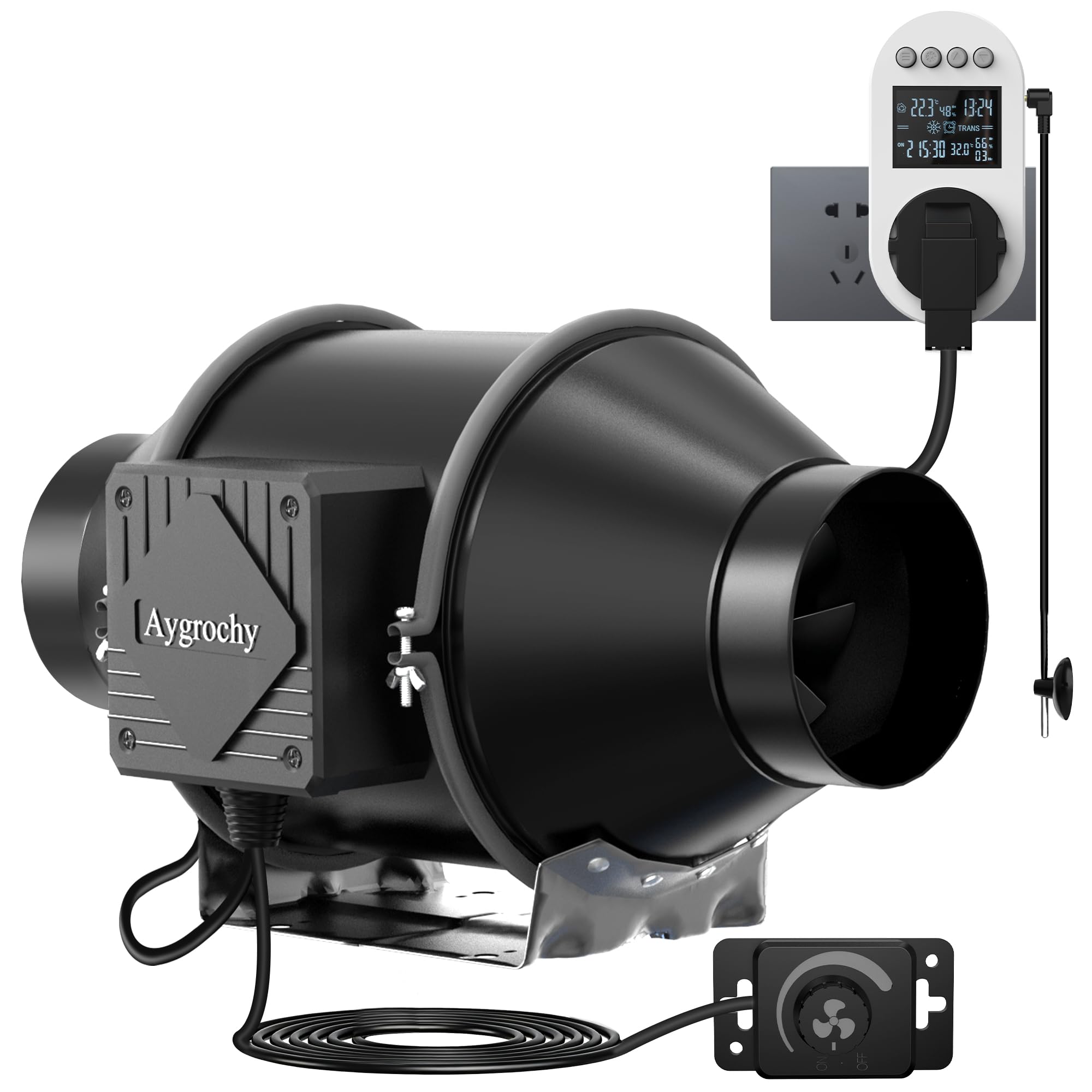 Aygrochy Ajustable Extractor de aire 100 mm,Ventilador de extracción 363 m³/h, Toma de corriente con temporizador, retardo y sensor de temperatura y humedad,para tiendas de crecimiento,ventilación