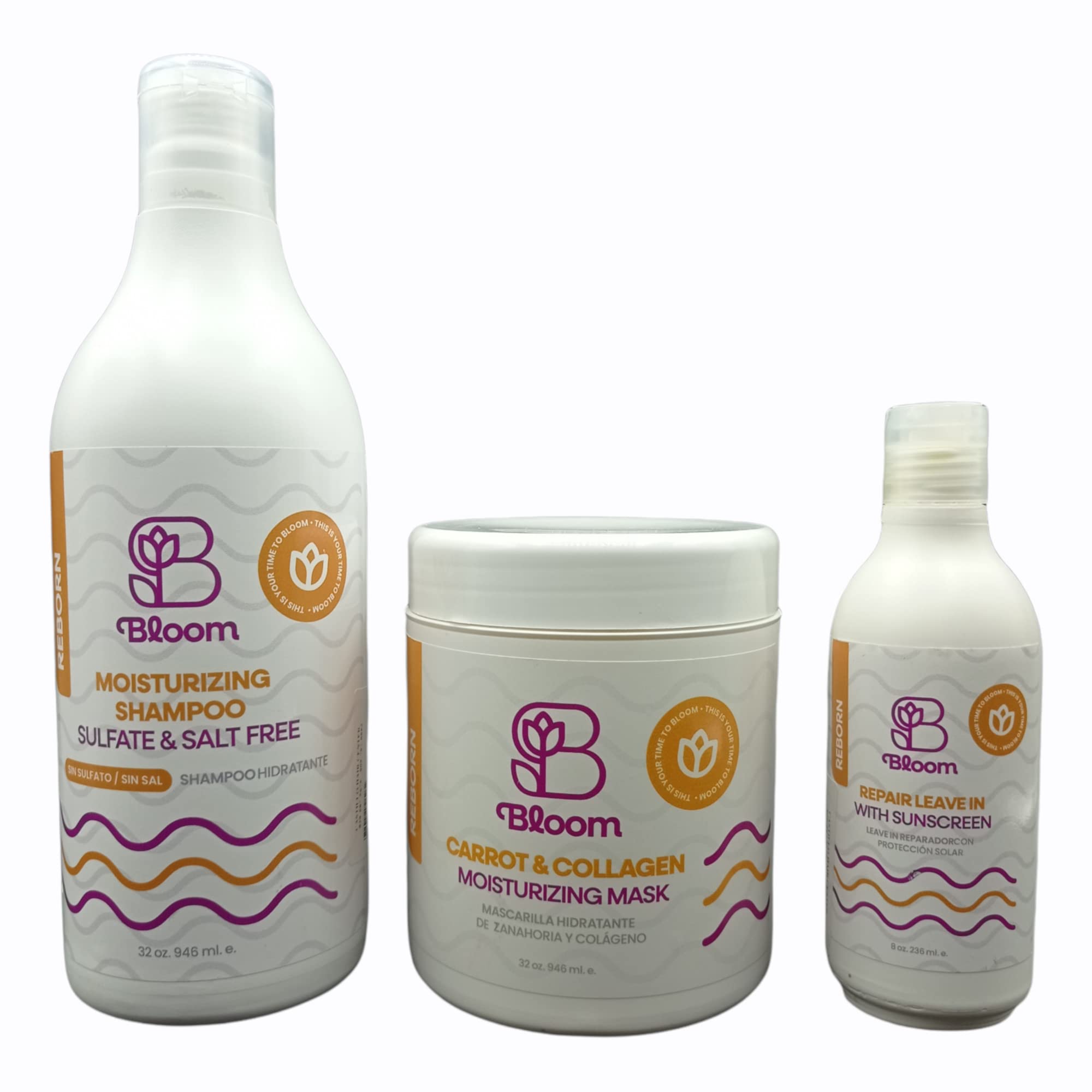 Bloom Hair Products - 3-STEP NUTRITIONAL KIT - moisturizing shampoo - moisturizing mask - hydrates the hair - nourishes the hair - adds shine - vitamin e - sulfate free