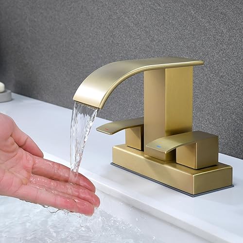 Miniatura 9 de J-HVA Grifo de baño de cascada de oro cepillado con drenaje emergente, 2 manijas de 4 pulgadas, grifo central para lavabo de baño