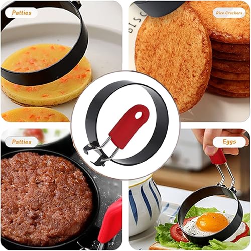 Miniatura 4 de JANNO 6 moldes para panqueques, anillo de huevo, anillos de cocina de metal recubierto de negro antiadherente con mango antiquemaduras de silicona