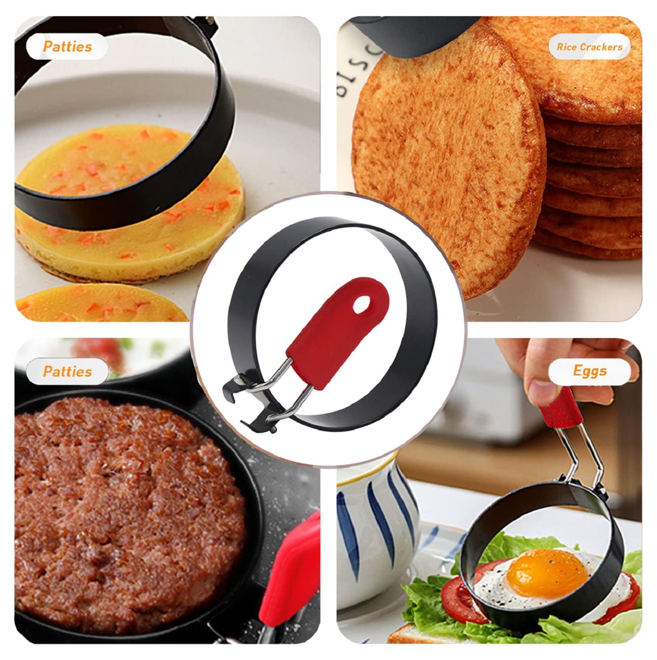 6 moldes para panqueques, anillo de huevo, anillos de cocina de metal recubierto de negro antiadherente con mango antiquemaduras de silicona para plancha, huevos de sándwich de bricolaje, 4
