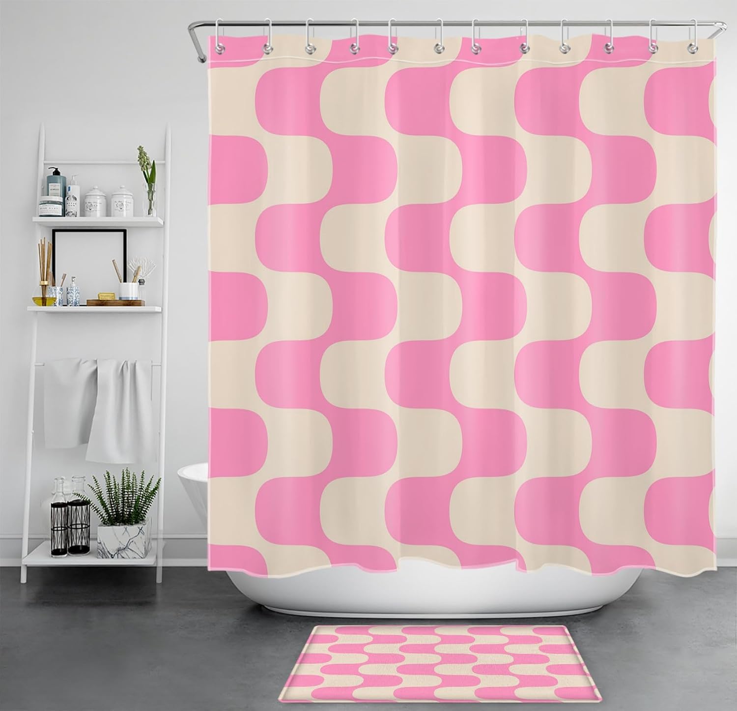 LB Pink Striped Shower Curtain, Beige Textured Abstract Geometric Modern Minimalist Shower Curtain and Rug Set, Washable Waterproof Fabric Bathroom Curtains with Hooks,72x72 inch