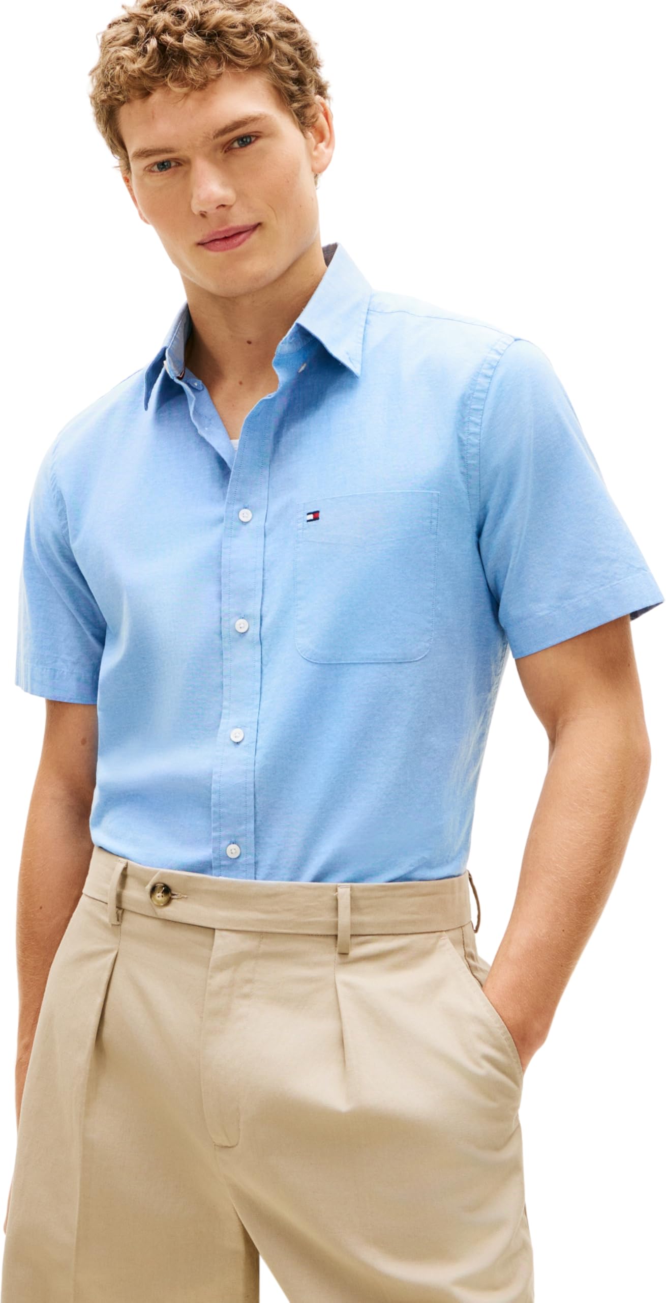 Tommy Hilfiger Men's Short Sleeve Plain Shirt - Shirt Blue - S