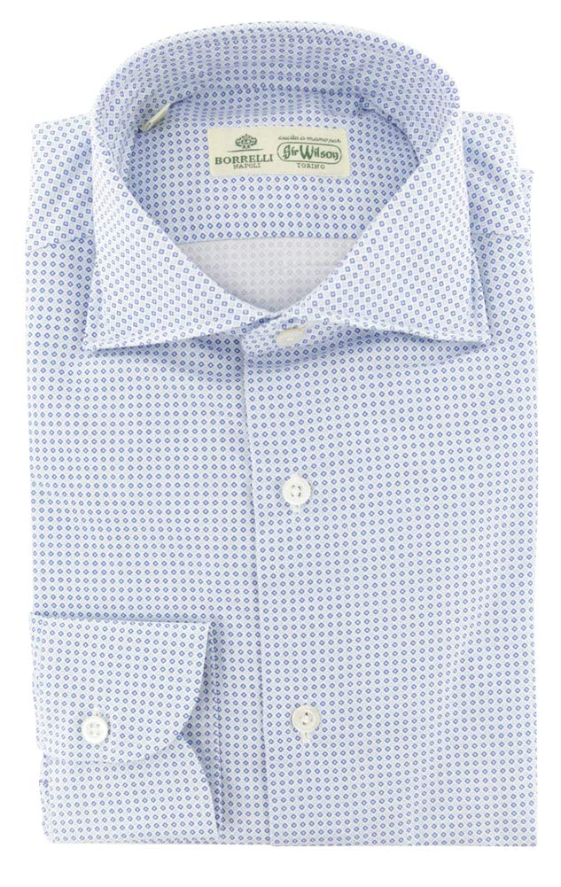 Luigi Borrelli Blue Patterned Button Down Spread Collar Cotton Slim Fit Dress Shirt Size Small 15